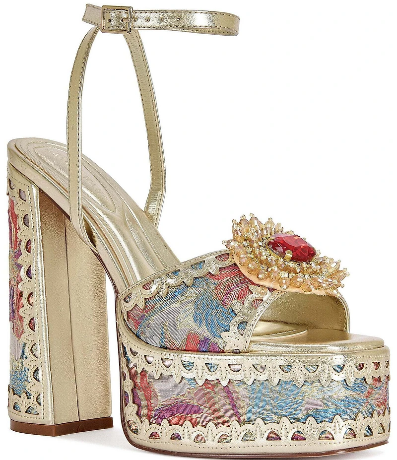 Azalea Wang Wenda Floral Jacquard Jewel Brooch Platform Block Heel Sandals