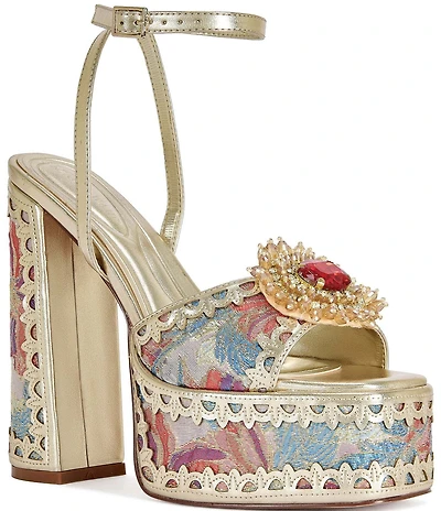 Azalea Wang Wenda Floral Jacquard Jewel Brooch Platform Block Heel Sandals