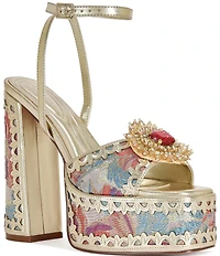 Azalea Wang Wenda Floral Jacquard Jewel Brooch Platform Block Heel Sandals