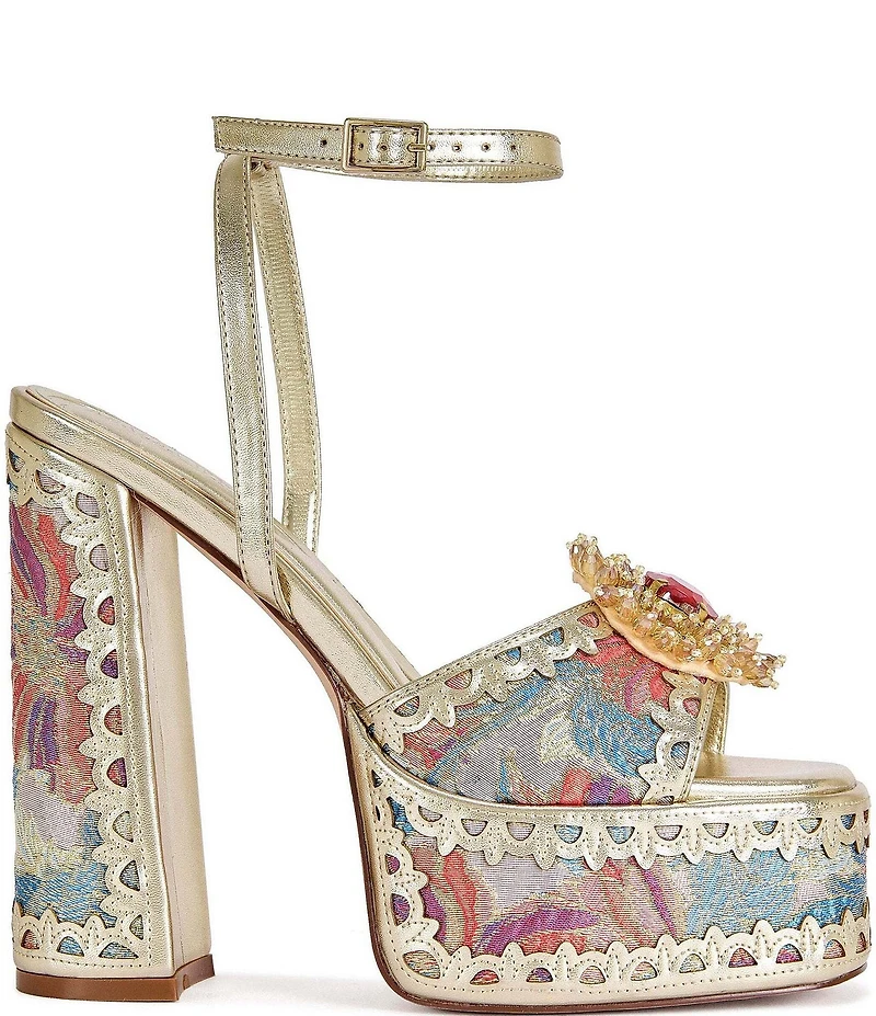 Azalea Wang Wenda Floral Jacquard Jewel Brooch Platform Block Heel Sandals