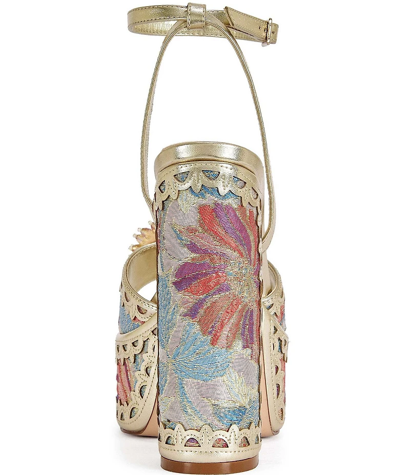 Azalea Wang Wenda Floral Jacquard Jewel Brooch Platform Block Heel Sandals