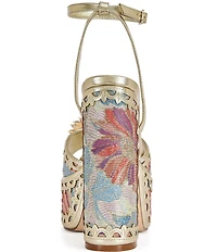 Azalea Wang Wenda Floral Jacquard Jewel Brooch Platform Block Heel Sandals