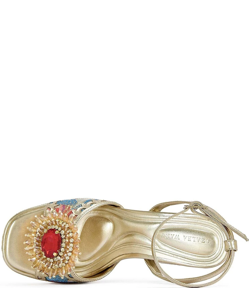 Azalea Wang Wenda Floral Jacquard Jewel Brooch Platform Block Heel Sandals