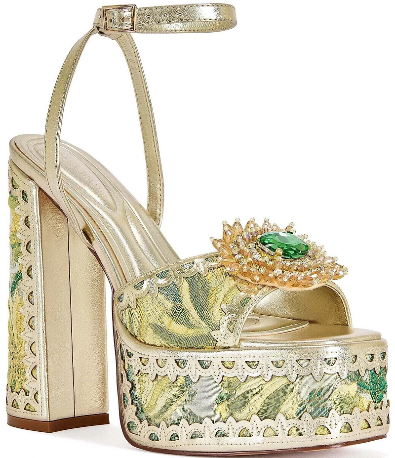 Azalea Wang Wenda Floral Jacquard Jewel Brooch Platform Block Heel Sandals
