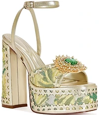 Azalea Wang Wenda Floral Jacquard Jewel Brooch Platform Block Heel Sandals