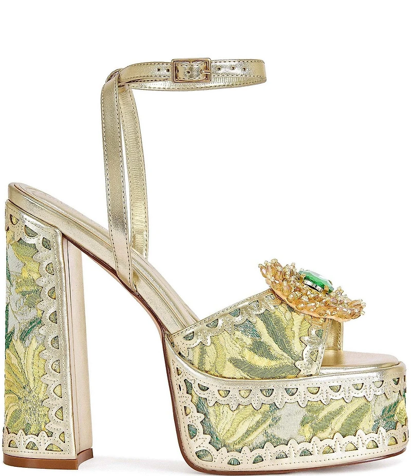 Azalea Wang Wenda Floral Jacquard Jewel Brooch Platform Block Heel Sandals
