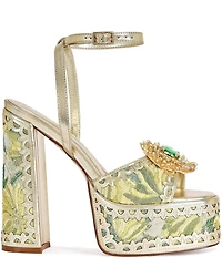 Azalea Wang Wenda Floral Jacquard Jewel Brooch Platform Block Heel Sandals
