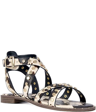 Azalea Wang Whistler Cow Print Studded Strappy Flat Sandals