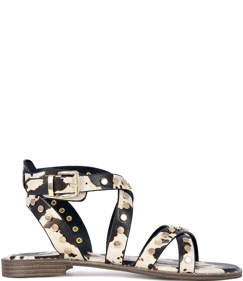 Azalea Wang Whistler Cow Print Studded Strappy Flat Sandals