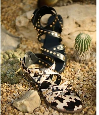 Azalea Wang Whistler Cow Print Studded Strappy Flat Sandals