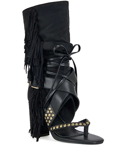 Azalea Wang Wilano Fringed Slouch Shaft Studded Thong Booties