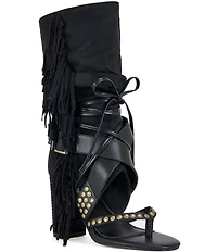 Azalea Wang Wilano Fringed Slouch Shaft Studded Thong Booties