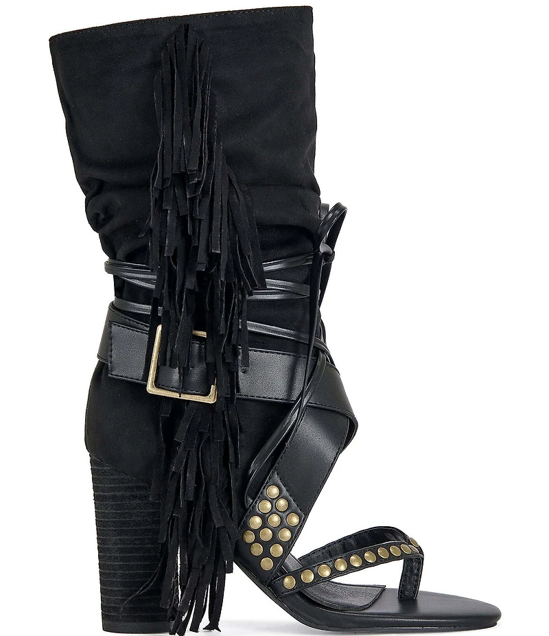 Azalea Wang Wilano Fringed Slouch Shaft Studded Thong Booties