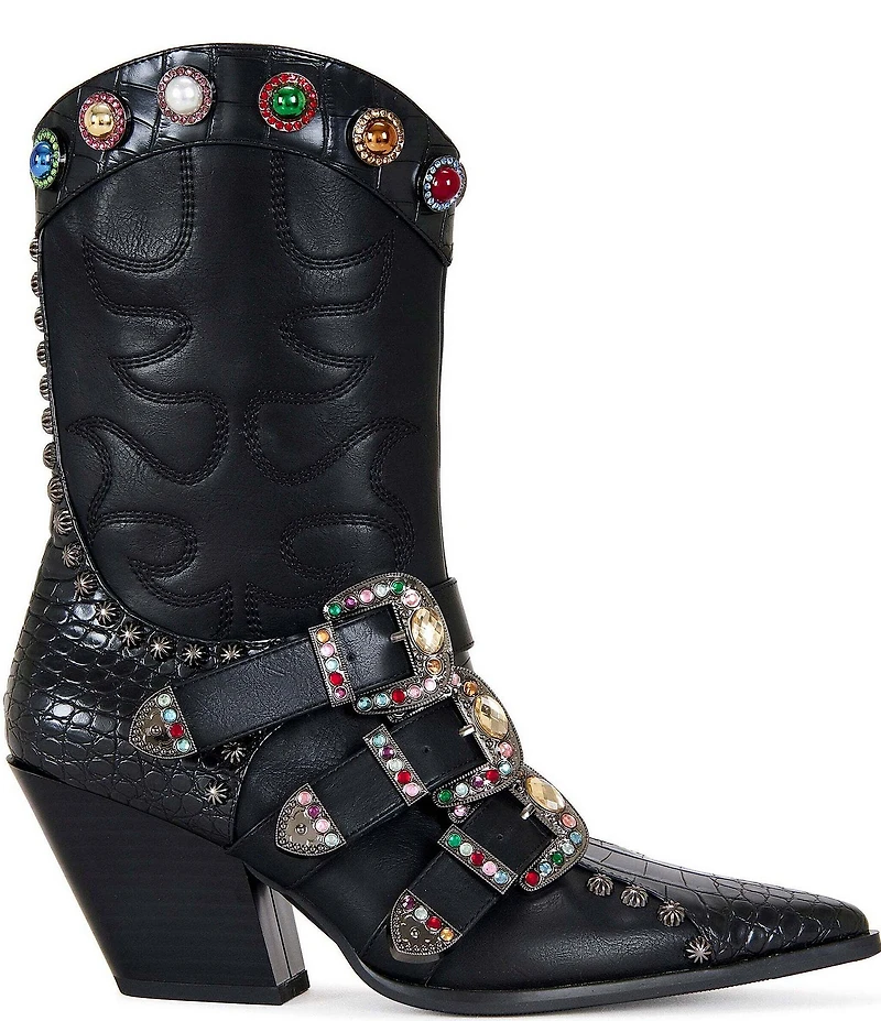 Azalea Wang Willowe Jewel Ornamented Buckled Strap Studded Western Booties