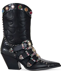 Azalea Wang Willowe Jewel Ornamented Buckled Strap Studded Western Booties