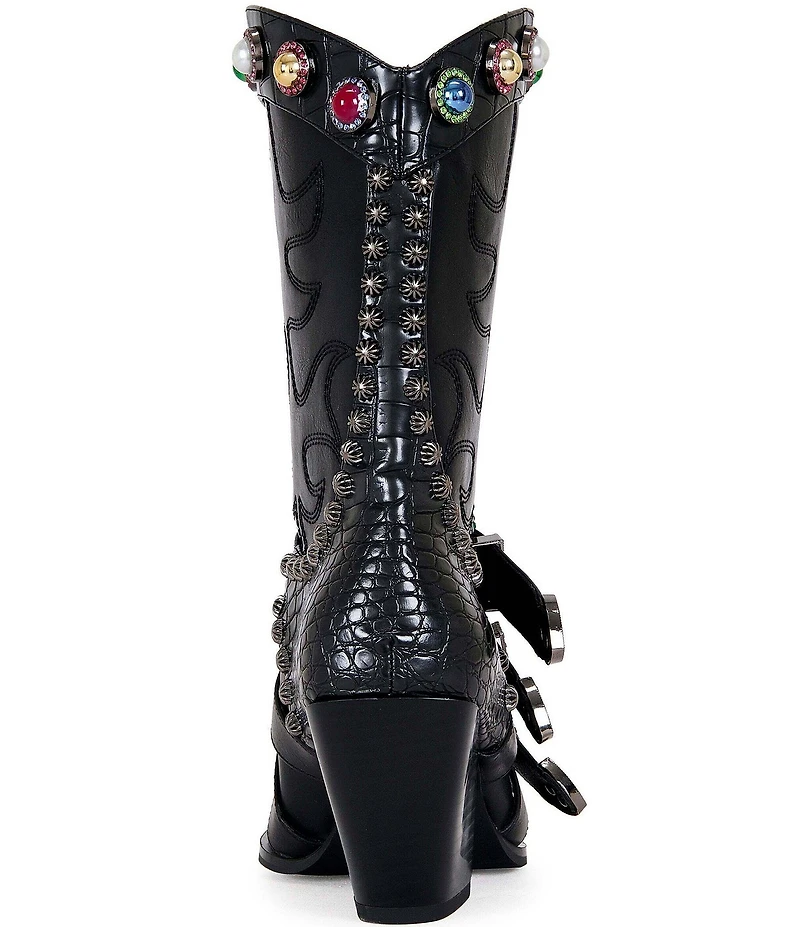 Azalea Wang Willowe Jewel Ornamented Buckled Strap Studded Western Booties