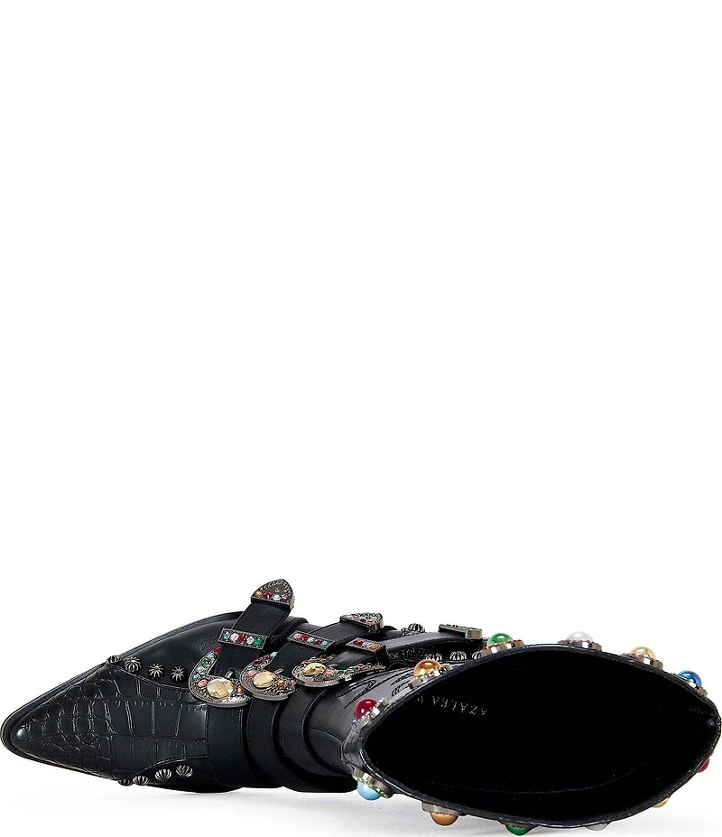 Azalea Wang Willowe Jewel Ornamented Buckled Strap Studded Western Booties