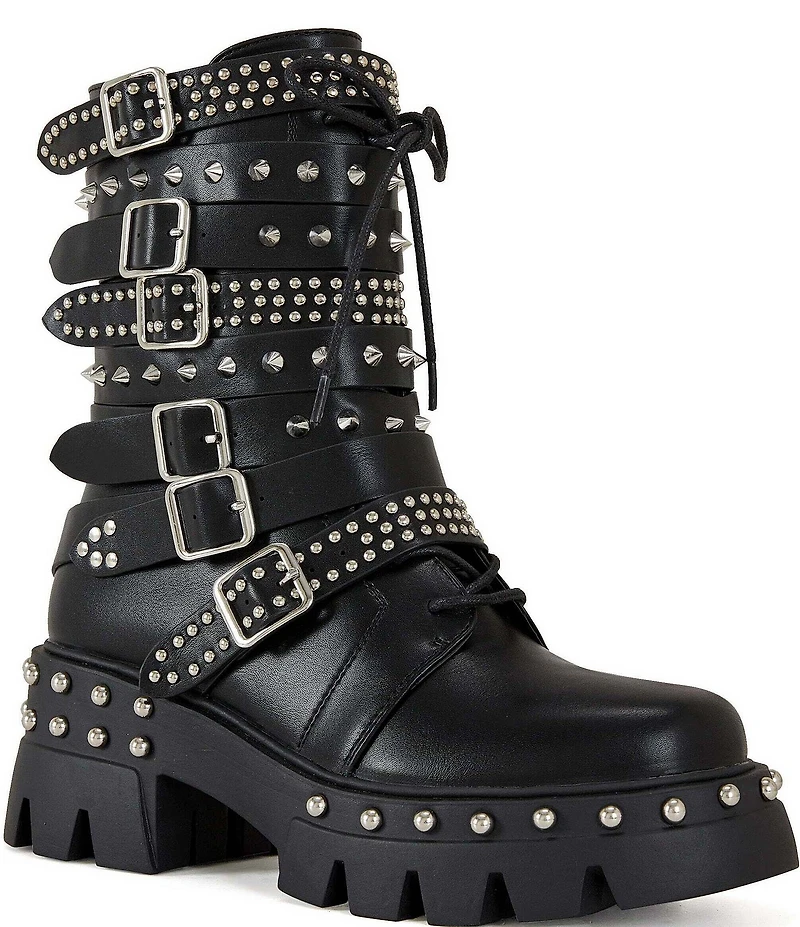 Azalea Wang Winola Studded Buckle Straps Combat Boots