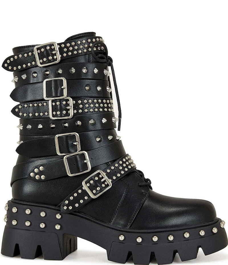 Azalea Wang Winola Studded Buckle Straps Combat Boots