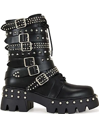 Azalea Wang Winola Studded Buckle Straps Combat Boots