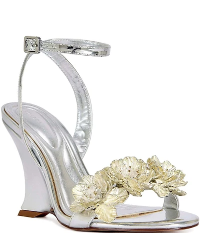 Azalea Wang Winters Metallic Ankle Strap Beaded Flowers Wedge Dress Sandals