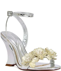 Azalea Wang Winters Metallic Ankle Strap Beaded Flowers Wedge Dress Sandals