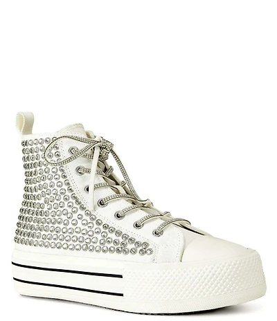 Azalea Wang Zafrina Studded Rhinestone Canvas High Top Platform Sneakers