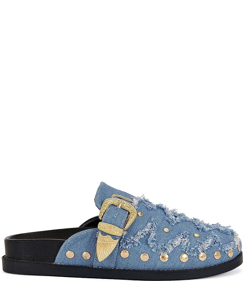 Azalea Wang Zale Denim Studded Buckle Strap Mules