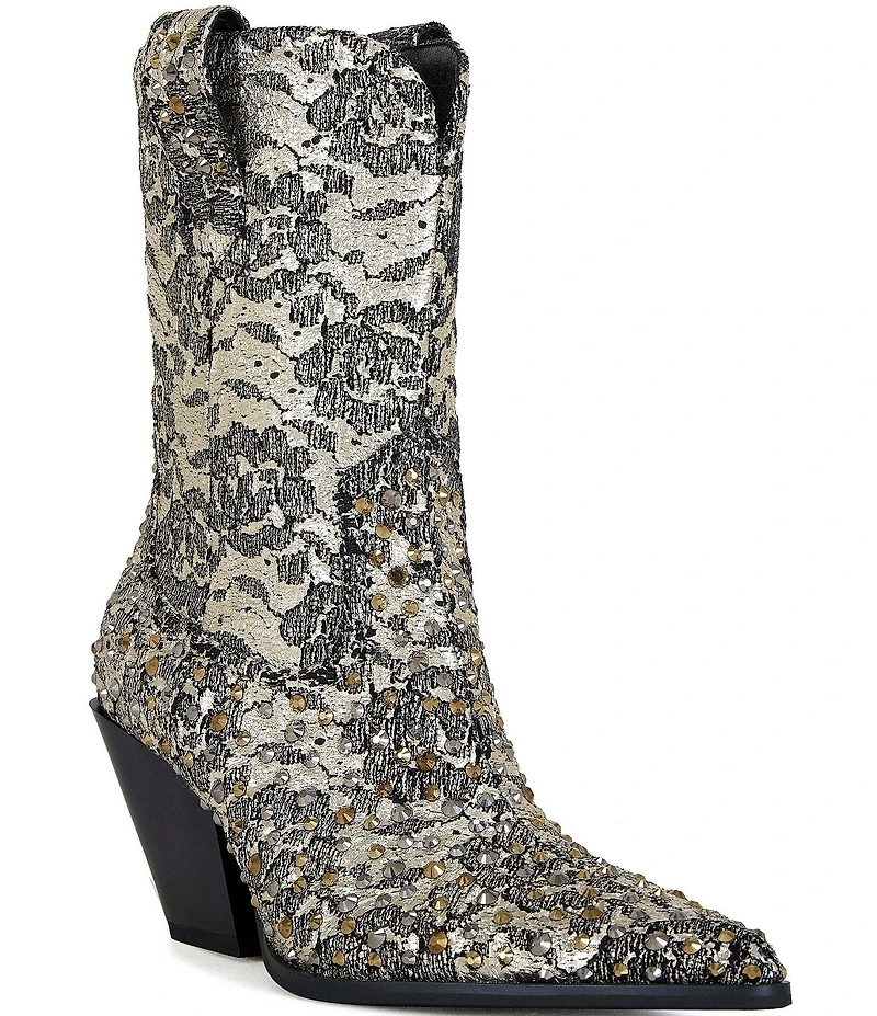 Azalea Wang Zirenne Studded Floral Brocade Western Booties