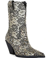 Azalea Wang Zirenne Studded Floral Brocade Western Booties
