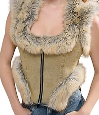 Azalea Wang Zoraya-Denim Square Neck Sleeveless Faux Fur Zip Front Vest