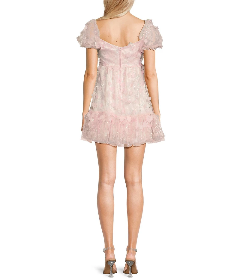 B. Darlin 3D Floral V-Neck Short Puff-Sleeve Bow Front Ruffle Dress