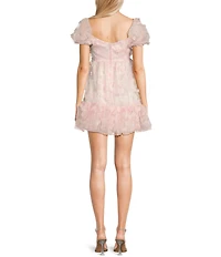 B. Darlin 3D Floral V-Neck Short Puff-Sleeve Bow Front Ruffle Dress