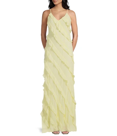 B. Darlin All Over Ruffle Trim V-Neck Spaghetti Strap Long Dress