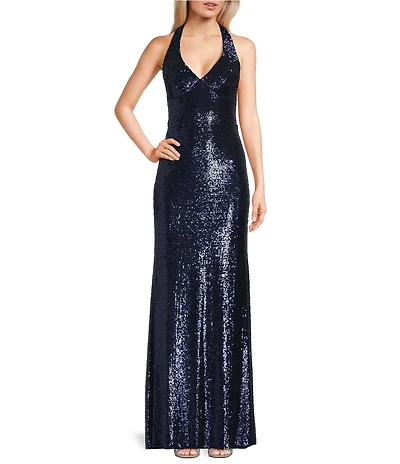 B. Darlin Allover Sequin Sleeveless Halter V-Neck Dress