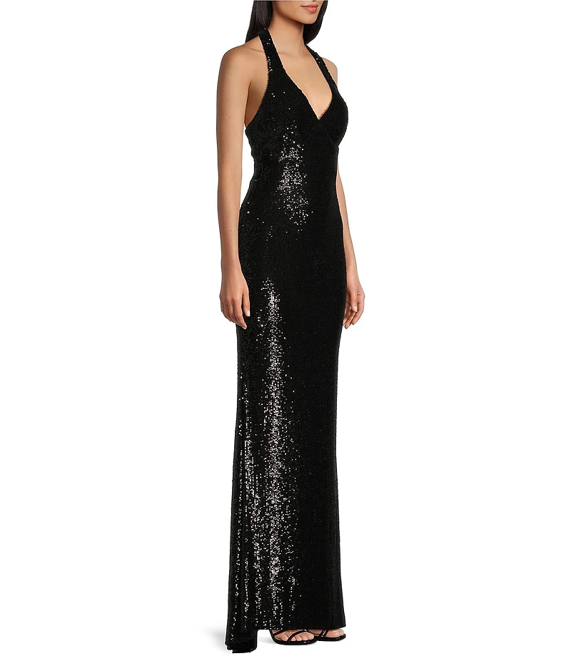 B. Darlin Allover Sequin Sleeveless Halter V-Neck Dress