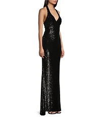 B. Darlin Allover Sequin Sleeveless Halter V-Neck Dress