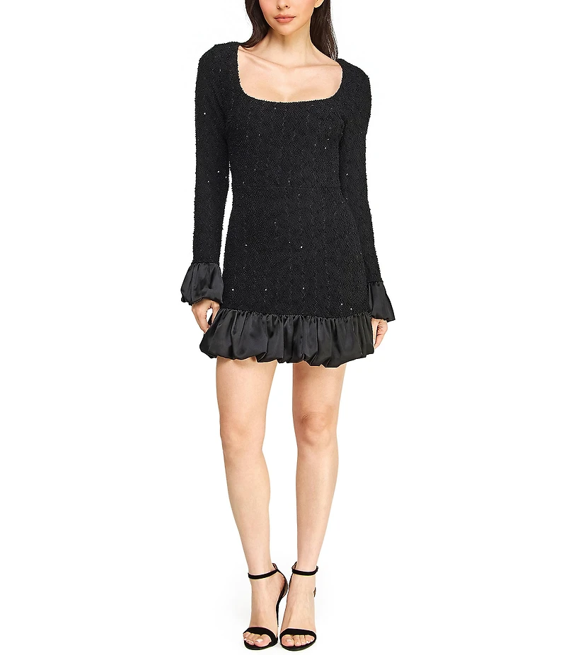 B. Darlin Boucle Sequined Square Neck Long Sleeve Satin Ruffled Bubble Hem Dress