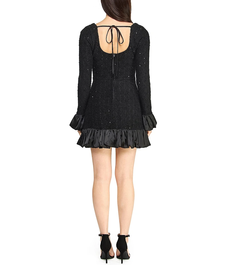 B. Darlin Boucle Sequined Square Neck Long Sleeve Satin Ruffled Bubble Hem Dress