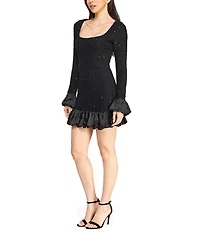 B. Darlin Boucle Sequined Square Neck Long Sleeve Satin Ruffled Bubble Hem Dress