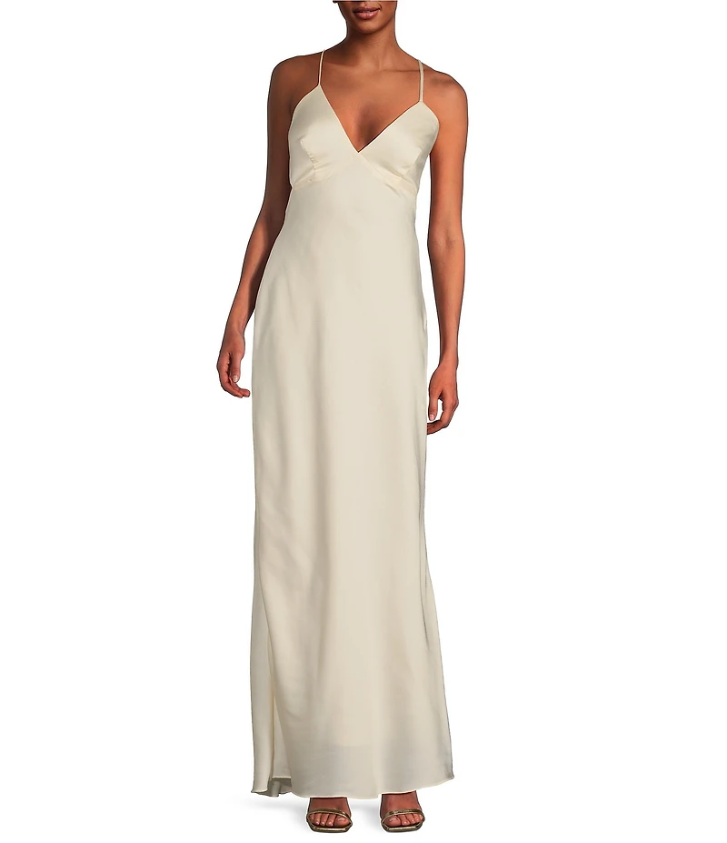 B. Darlin Bubble Satin V-Neck Spaghetti Strap Criss Cross Back Long Dress