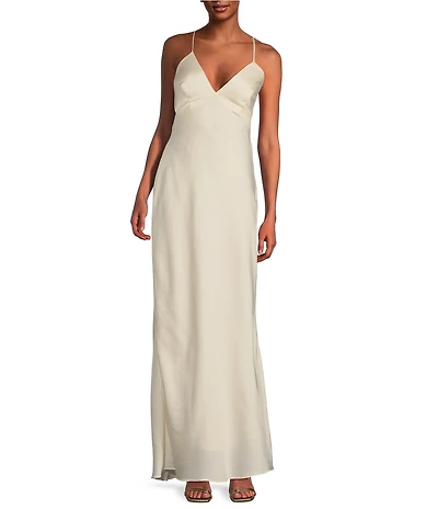 B. Darlin Bubble Satin V-Neck Spaghetti Strap Criss Cross Back Long Dress
