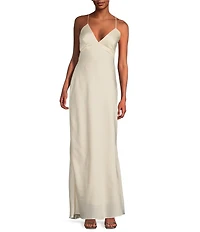 B. Darlin Bubble Satin V-Neck Spaghetti Strap Criss Cross Back Long Dress