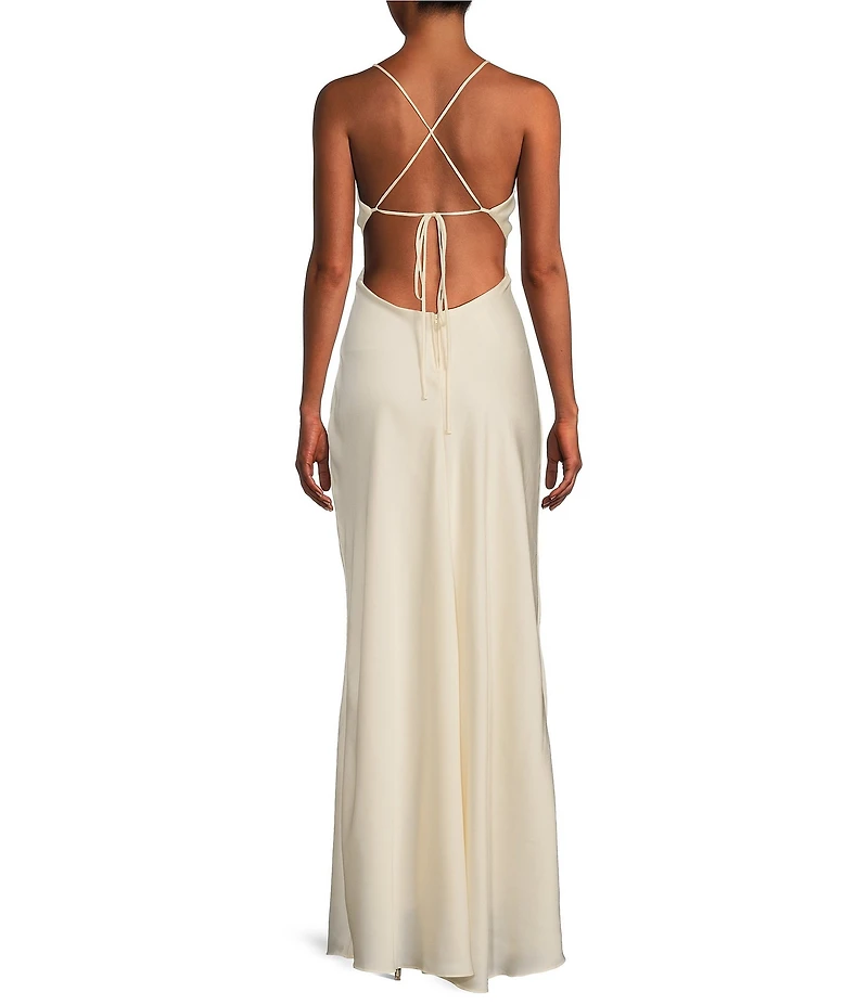 B. Darlin Bubble Satin V-Neck Spaghetti Strap Criss Cross Back Long Dress