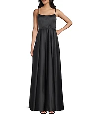 B. Darlin Charmeuse Scoop Neck Corseted Bodice Lace Up Back Ballgown