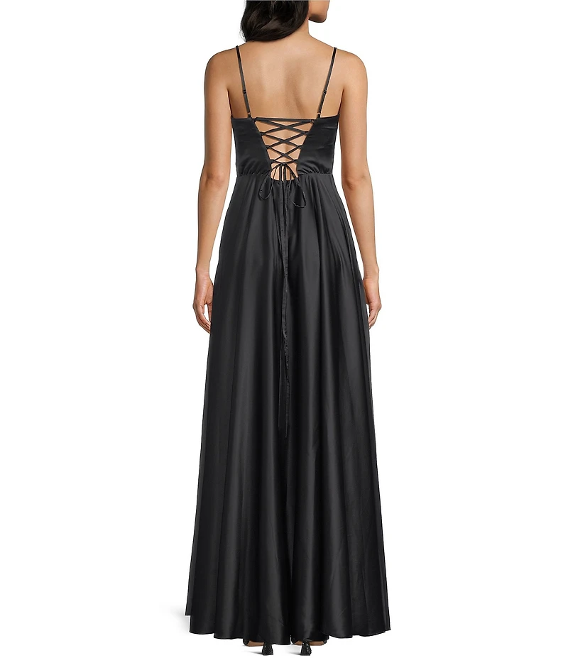 B. Darlin Charmeuse Scoop Neck Corseted Bodice Lace Up Back Ballgown