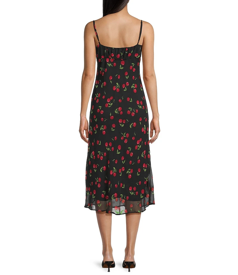 B. Darlin Cherry Print Scoop Neck Tie Front Ruffle Hem Midi Dress