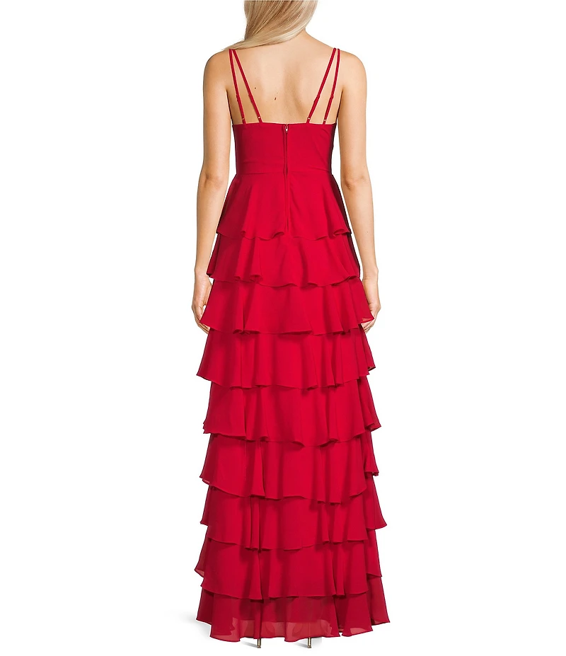 B. Darlin Chiffon Double Spaghetti Strap V-Neck Tiered Ruffle Long Dress