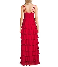 B. Darlin Chiffon Double Spaghetti Strap V-Neck Tiered Ruffle Long Dress