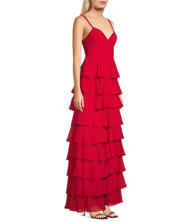 B. Darlin Chiffon Double Spaghetti Strap V-Neck Tiered Ruffle Long Dress
